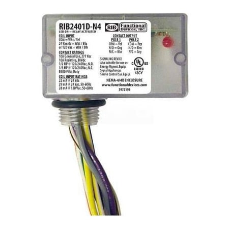 Functional Devices-Rib RIB Enclosed Relay, 10A, NEMA 4/4X, DPDT, 24VAC/DC/120VAC RIB2401D-N4